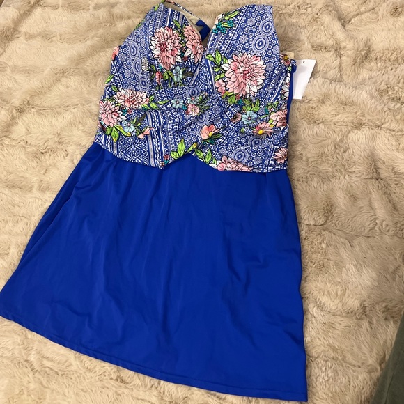 Swimsuits For All NWT Size 34 Draped Front Swimdress Blue Floral Modest - Picture 3 of 12